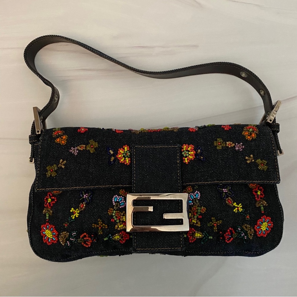 Fendi Floral Denim Embroidered Beaded Baguette Shoulder Bag
